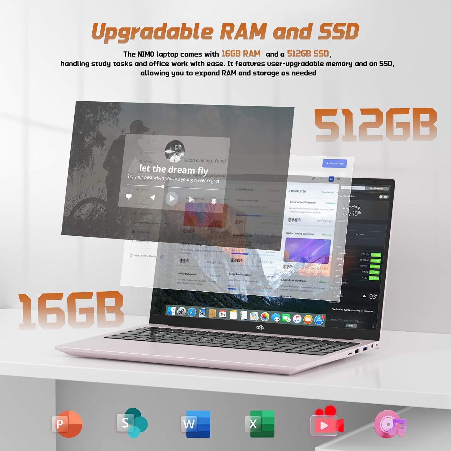 imageNIMO 156quot FHD IPS StudentLaptopComputer  16GB RAM 512GB SSD 4 Cores 13th Gen Intel N150Beat to i31115G4 Up to 36GHz 65W GaN TypeC Fingerprint Backlit Keyboard WiFi 6 BT52 NumpadRose Gold