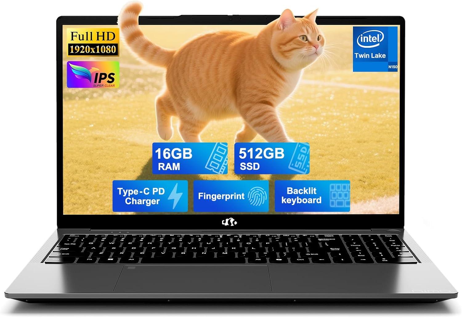 imageNIMO 156quot FHD IPS StudentLaptopComputer  16GB RAM 512GB SSD 4 Cores 13th Gen Intel N150Beat to i31115G4 Up to 36GHz 65W GaN TypeC Fingerprint Backlit Keyboard WiFi 6 BT52 NumpadGray
