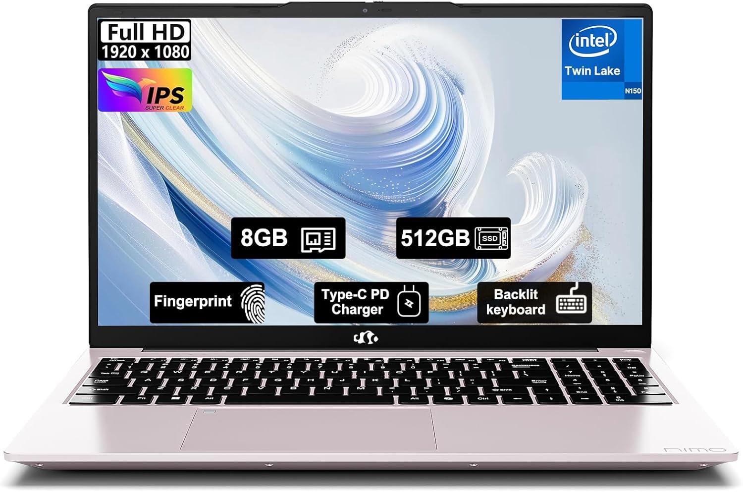 imageNIMO 156quot FHD IPS StudentLaptopComputer  16GB RAM 512GB SSD 4 Cores 13th Gen Intel N150Beat to i31115G4 Up to 36GHz 65W GaN TypeC Fingerprint Backlit Keyboard WiFi 6 BT52 NumpadRose Gold