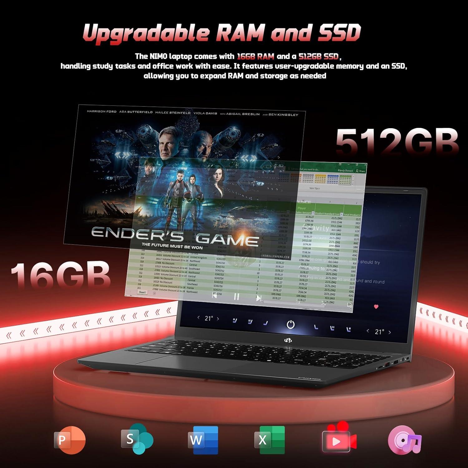 imageNIMO 156quot FHD IPS StudentLaptopComputer  16GB RAM 512GB SSD 4 Cores 13th Gen Intel N150Beat to i31115G4 Up to 36GHz 65W GaN TypeC Fingerprint Backlit Keyboard WiFi 6 BT52 NumpadBlack