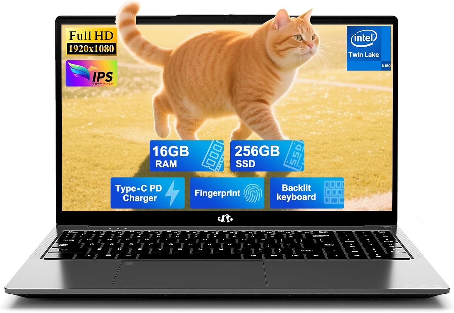 imageNIMO 156quot FHD IPS StudentLaptopComputer  16GB RAM 512GB SSD 4 Cores 13th Gen Intel N150Beat to i31115G4 Up to 36GHz 65W GaN TypeC Fingerprint Backlit Keyboard WiFi 6 BT52 NumpadGray