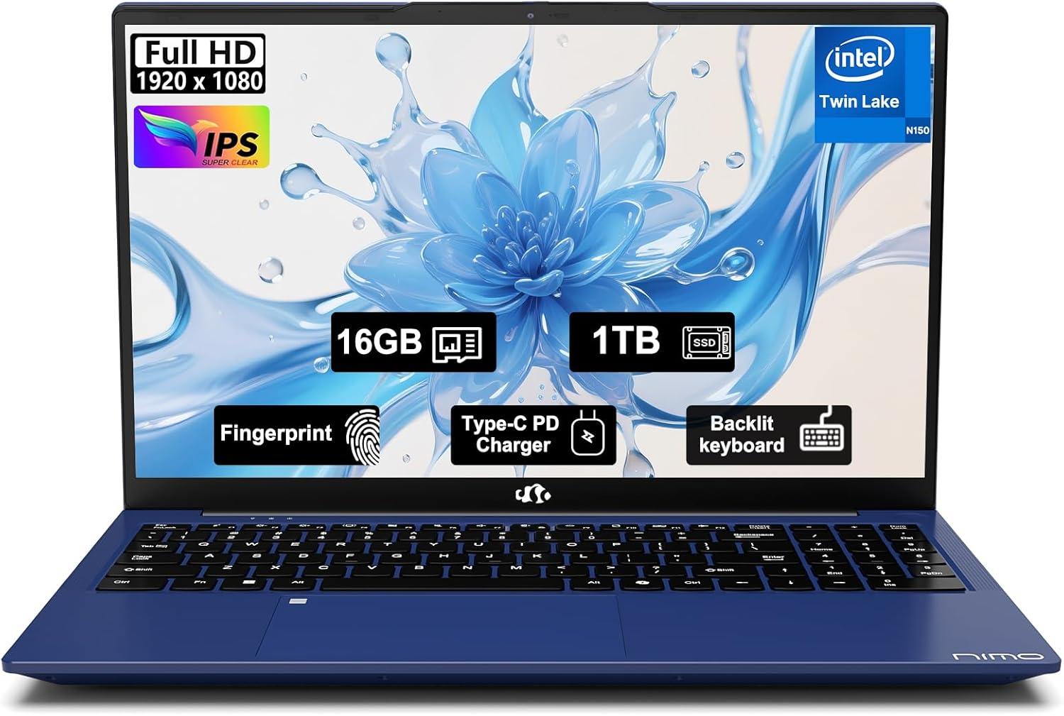 imageNIMO 156quot FHD IPS StudentLaptopComputer  16GB RAM 512GB SSD 4 Cores 13th Gen Intel N150Beat to i31115G4 Up to 36GHz 65W GaN TypeC Fingerprint Backlit Keyboard WiFi 6 BT52 NumpadBlue