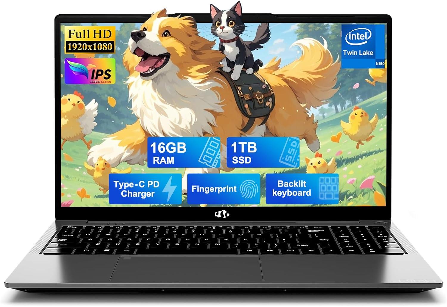 imageNIMO 156quot FHD IPS StudentLaptopComputer  16GB RAM 512GB SSD 4 Cores 13th Gen Intel N150Beat to i31115G4 Up to 36GHz 65W GaN TypeC Fingerprint Backlit Keyboard WiFi 6 BT52 NumpadGray