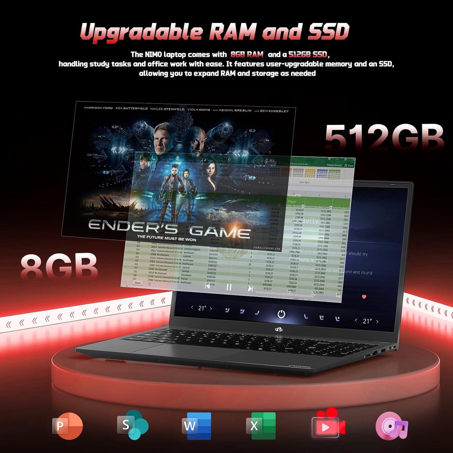 imageNIMO 156quot FHD IPS StudentLaptopComputer  16GB RAM 512GB SSD 4 Cores 13th Gen Intel N150Beat to i31115G4 Up to 36GHz 65W GaN TypeC Fingerprint Backlit Keyboard WiFi 6 BT52 NumpadBlack