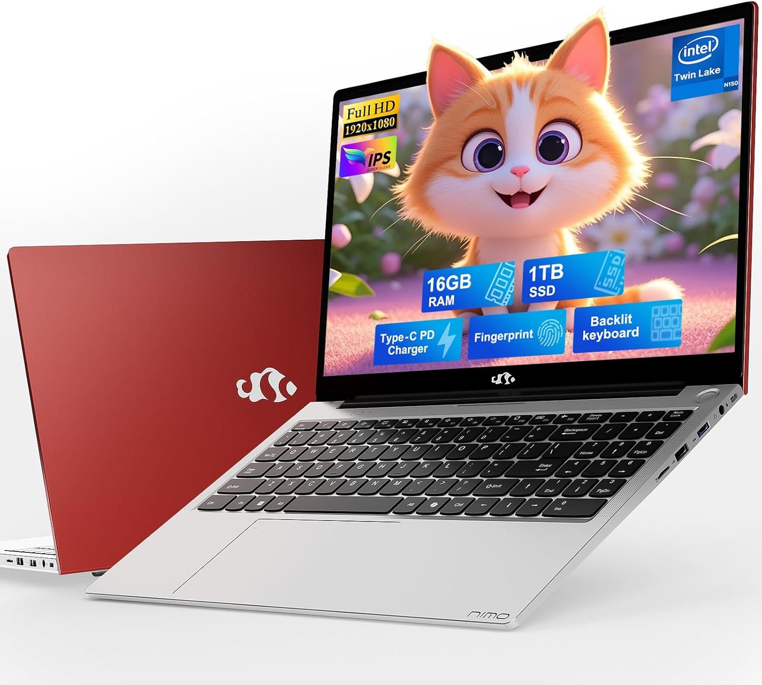 imageNIMO 156quot FHD IPS StudentLaptopComputer  16GB RAM 512GB SSD 4 Cores 13th Gen Intel N150Beat to i31115G4 Up to 36GHz 65W GaN TypeC Fingerprint Backlit Keyboard WiFi 6 BT52 NumpadRed
