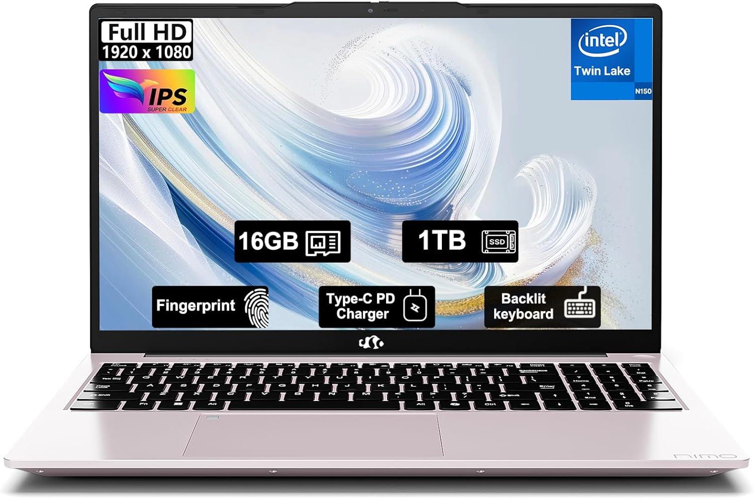 imageNIMO 156quot FHD IPS StudentLaptopComputer  16GB RAM 512GB SSD 4 Cores 13th Gen Intel N150Beat to i31115G4 Up to 36GHz 65W GaN TypeC Fingerprint Backlit Keyboard WiFi 6 BT52 NumpadRose Gold