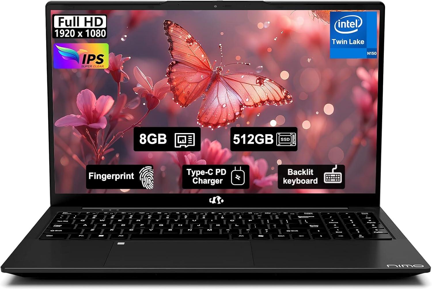imageNIMO 156quot FHD IPS StudentLaptopComputer  16GB RAM 512GB SSD 4 Cores 13th Gen Intel N150Beat to i31115G4 Up to 36GHz 65W GaN TypeC Fingerprint Backlit Keyboard WiFi 6 BT52 NumpadBlack