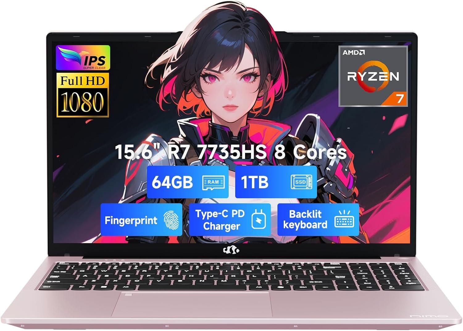 imageNIMO 156quot IPS FHD GamingLaptop AMD 8 Cores Ryzen 7 7735HS 32GB DDR5 RAM 1TB SSD Beats i712650H Up to 475GHz Computer with Radeon 680M 100W TypeC Backlit Keyboard Fingerprint Unlock Rose GoldRose Gold