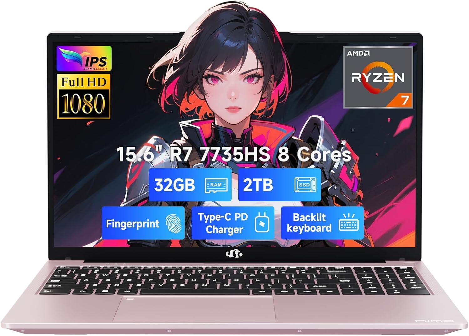 imageNIMO 156quot IPS FHD GamingLaptop AMD 8 Cores Ryzen 7 7735HS 32GB DDR5 RAM 1TB SSD Beats i712650H Up to 475GHz Computer with Radeon 680M 100W TypeC Backlit Keyboard Fingerprint Unlock Rose GoldRose Gold