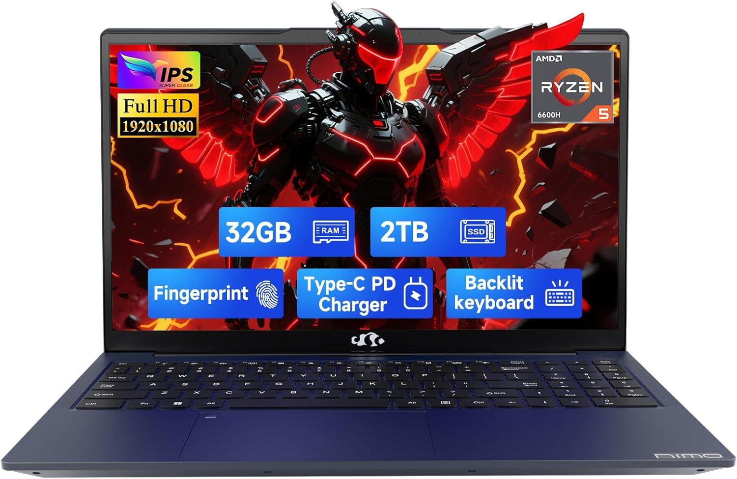 imageNIMO 156quot IPS FHDGamingLaptop AMD Ryzen 5 6600H 6Cores 660M GPU 32GB DDR5 RAM 1TB SSDBeat i71165G7 Up to 45GHz Computer with 100W GaN Type C Fingerprint Backlit Keyboard Win 11Blue