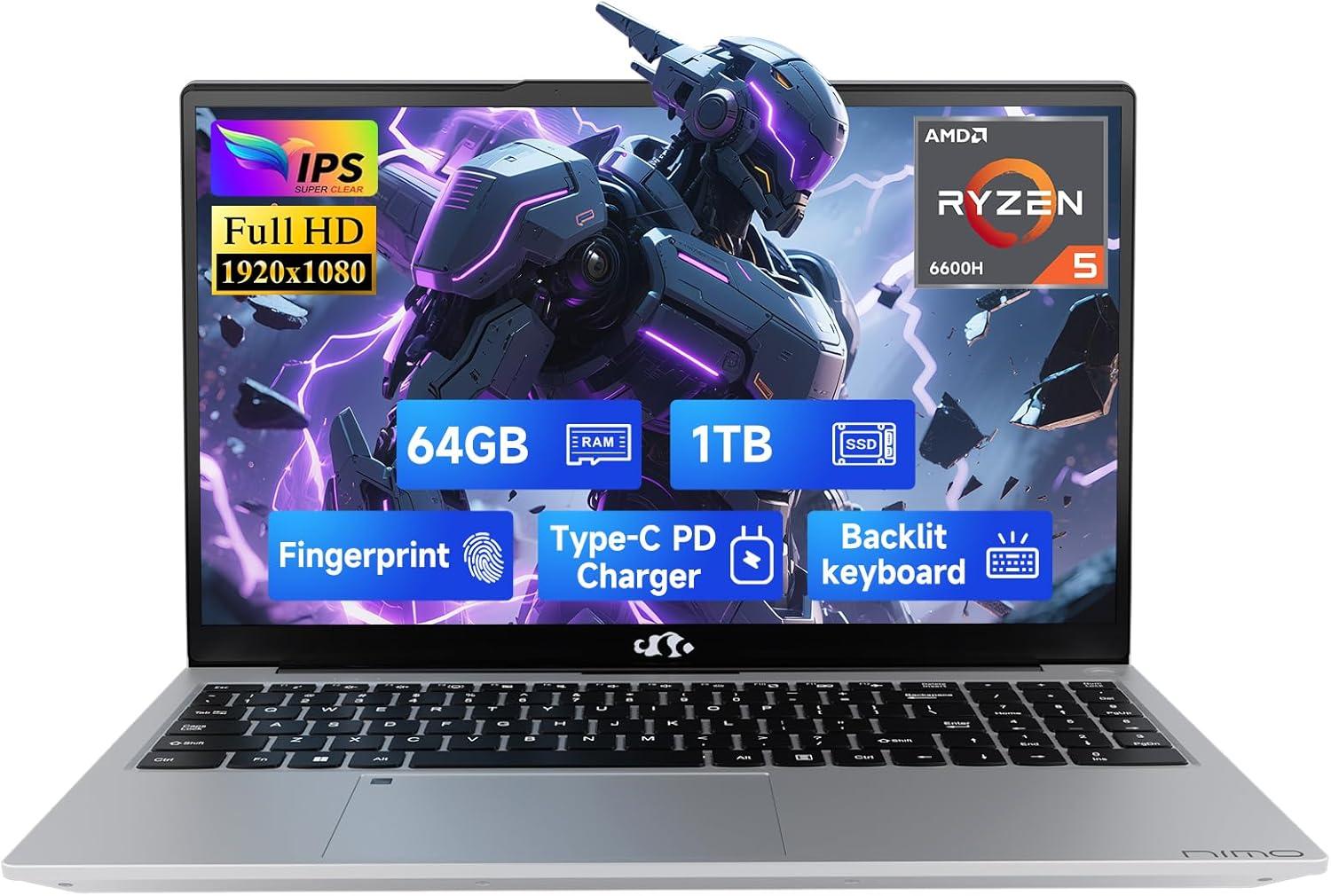 imageNIMO 156quot IPS FHDGamingLaptop AMD Ryzen 5 6600H 6Cores 660M GPU 32GB DDR5 RAM 1TB SSDBeat i71165G7 Up to 45GHz Computer with 100W GaN Type C Fingerprint Backlit Keyboard Win 11Silver