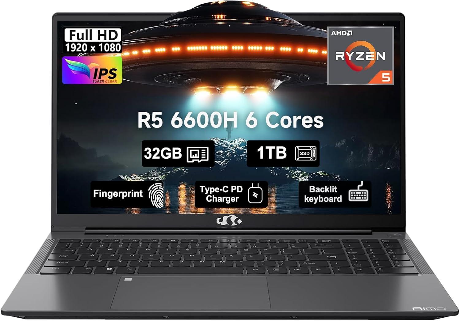 imageNIMO 156quot IPS FHDGamingLaptop AMD Ryzen 5 6600H 6Cores 660M GPU 32GB DDR5 RAM 1TB SSDBeat i71165G7 Up to 45GHz Computer with 100W GaN Type C Fingerprint Backlit Keyboard Win 11Gray