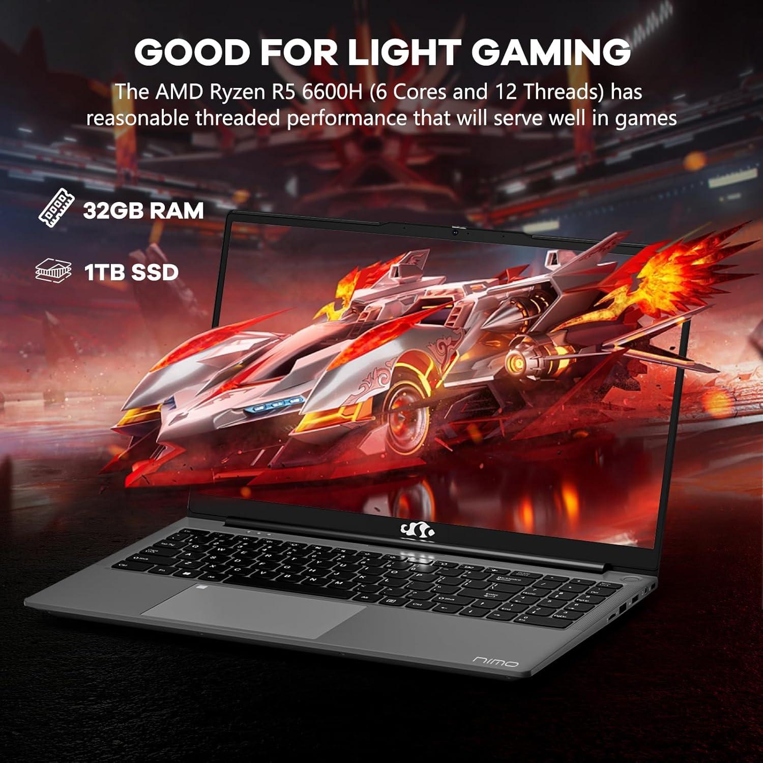 imageNIMO 156quot IPS FHDGamingLaptop AMD Ryzen 5 6600H 6Cores 660M GPU 32GB DDR5 RAM 1TB SSDBeat i71165G7 Up to 45GHz Computer with 100W GaN Type C Fingerprint Backlit Keyboard Win 11Gray