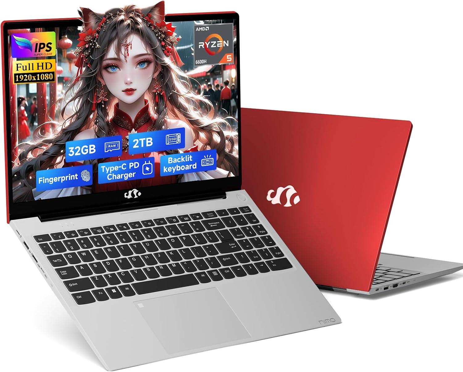 imageNIMO 156quot IPS FHDGamingLaptop AMD Ryzen 5 6600H 6Cores 660M GPU 32GB DDR5 RAM 1TB SSDBeat i71165G7 Up to 45GHz Computer with 100W GaN Type C Fingerprint Backlit Keyboard Win 11Red