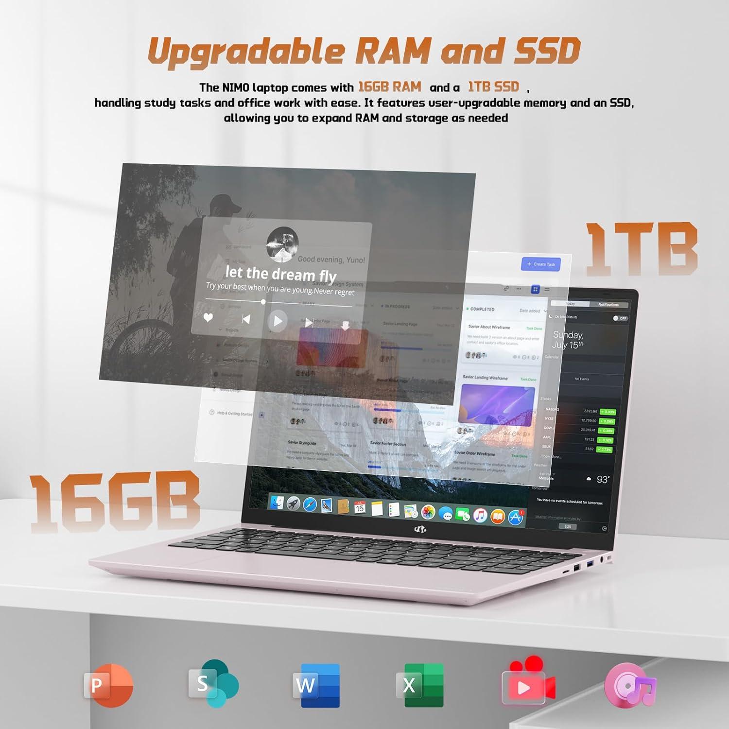imageNIMO 156quot Student Laptop 16GB RAM 1TB SSD Intel Pentium N150 Beat i31115G4 4Core Up to 34GHz FHD Laptop with Backlit Keyboard 65W GaN TypeC Fingerprint for Business and College StudentsRose Gold