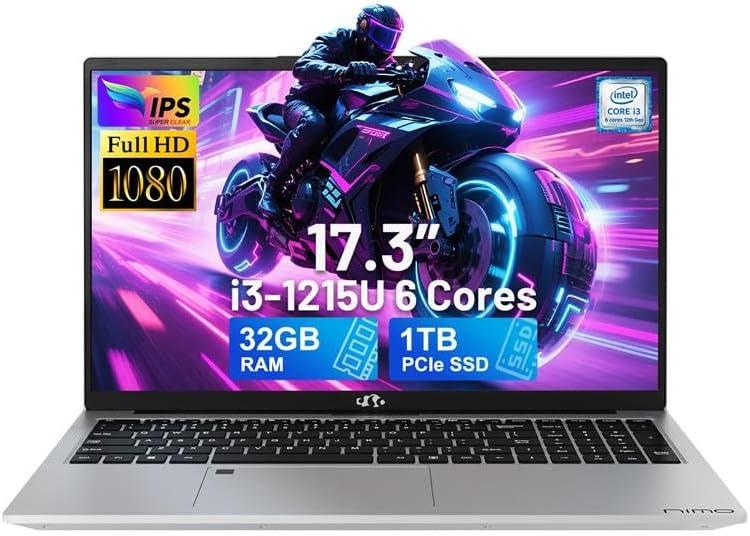 imageNIMO 173 FHDLaptop Intel 6Cores i31215U 32GB RAM 1TB SSD Beat i51135G7 Up to 44GHz 65W TypeC Fingerprint Backlit Keyboard IPS Business Computer WiFi 6 Win 11Silver