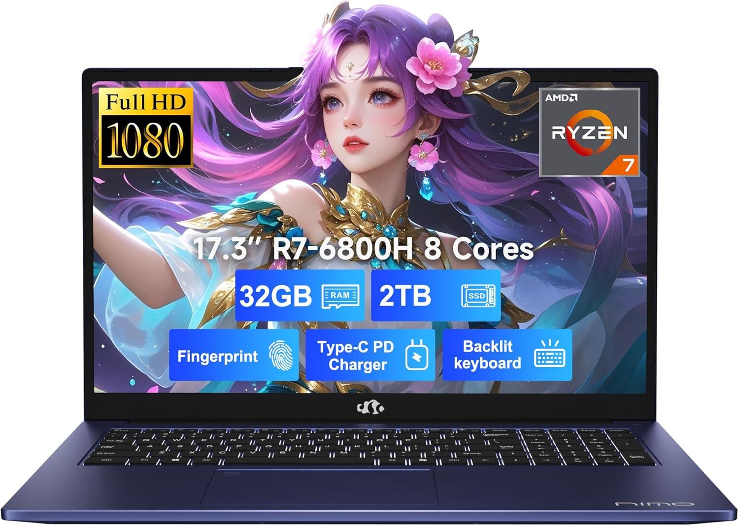 imageNIMO 173quot IPS FHDGamingLaptop 8 Cores AMD Ryzen 7 6800H 32GB DDR5 RAM 1TB SSD Beat i712700H Up to 47GHz AMD Radeon 680M GPUComputer with 100W TypeC Backlit Keyboard FingerprintBlue