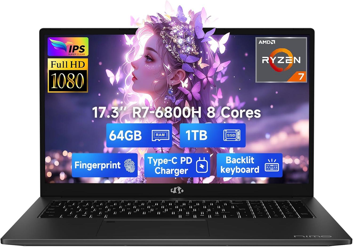 imageNIMO 173quot IPS FHDGamingLaptop 8 Cores AMD Ryzen 7 6800H 32GB DDR5 RAM 1TB SSD Beat i712700H Up to 47GHz AMD Radeon 680M GPUComputer with 100W TypeC Backlit Keyboard FingerprintBlack
