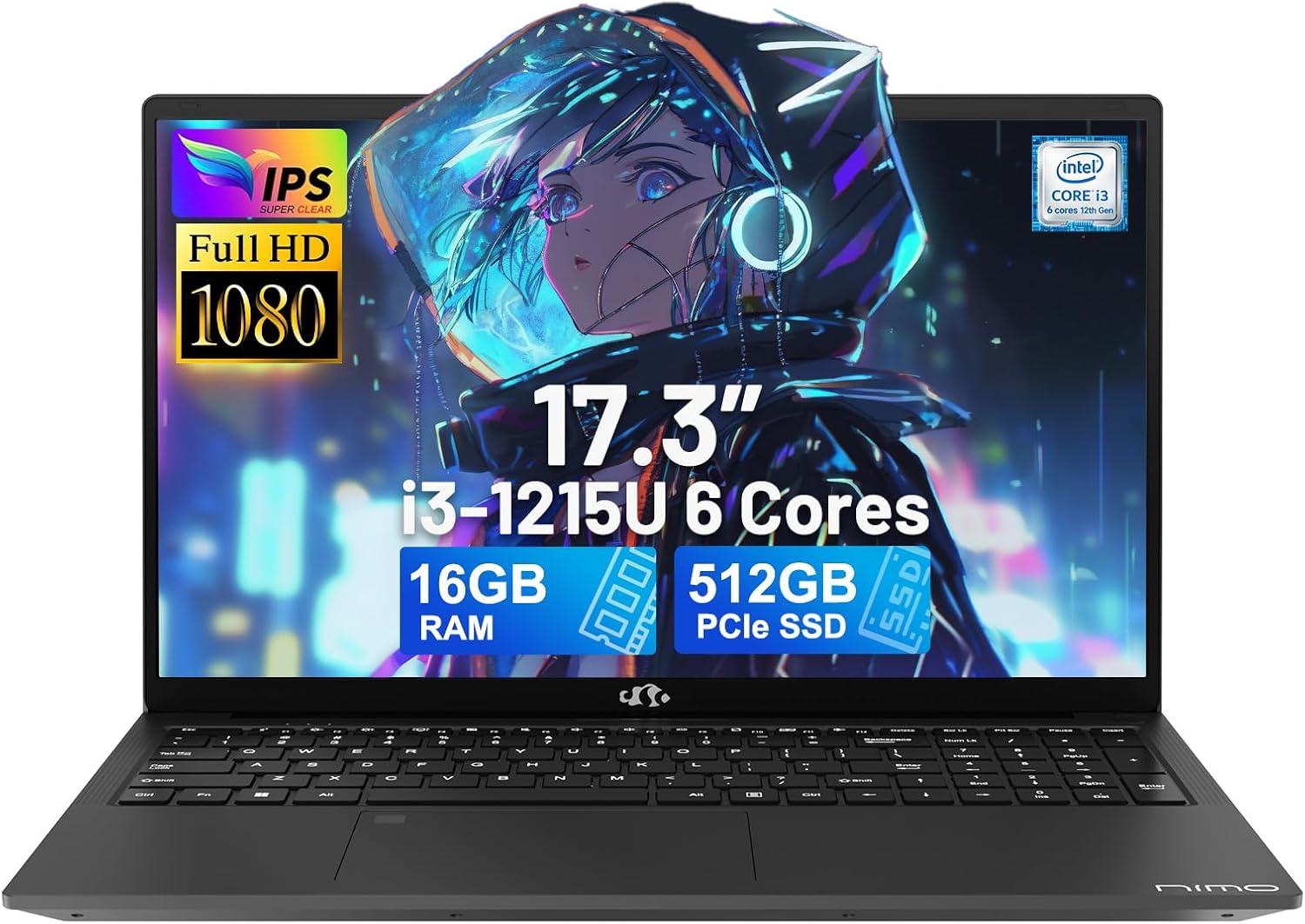 imageNIMO 173quot IPS FHDLaptop Intel 6 Cores i31215U 16GB RAM 512GB SSD Beat Ryzen 5 7520U Up to 44GHz Computer with 65W GaNType C Fingerprint Backlit Keyboard for Home Student and Business BlueGray