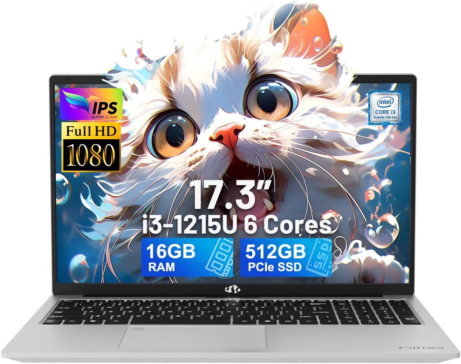 imageNIMO 173quot IPS FHDLaptop Intel 6 Cores i31215U 16GB RAM 512GB SSD Beat Ryzen 5 7520U Up to 44GHz Computer with 65W GaNType C Fingerprint Backlit Keyboard for Home Student and Business BlueSilver