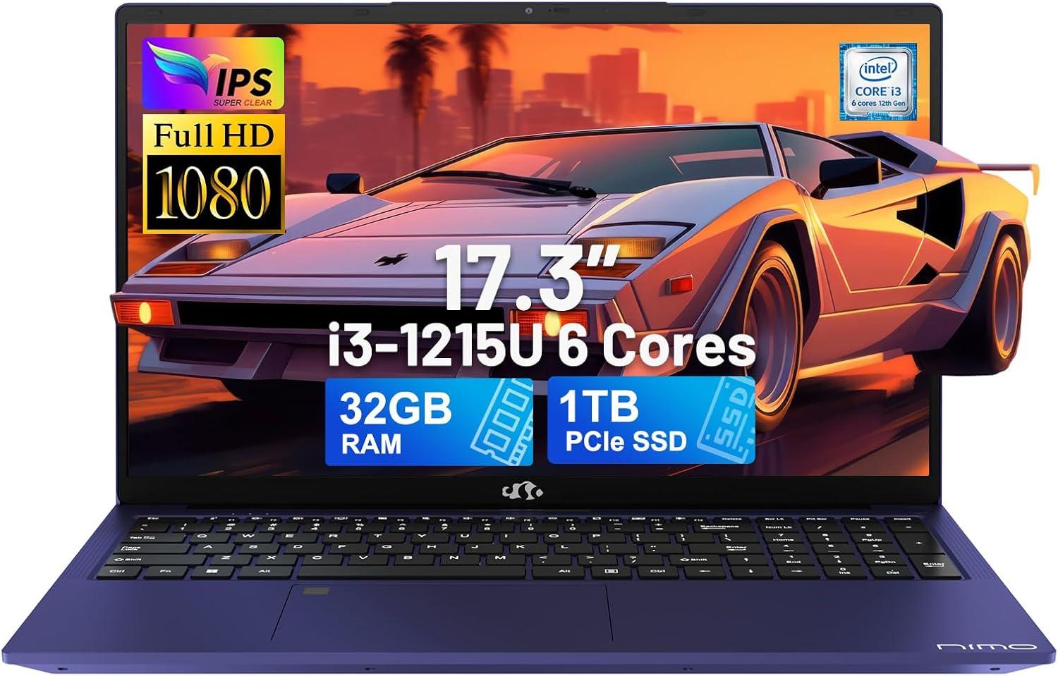 imageNIMO 173quot IPS FHDLaptop Intel 6 Cores i31215U 16GB RAM 512GB SSD Beat Ryzen 5 7520U Up to 44GHz Computer with 65W GaNType C Fingerprint Backlit Keyboard for Home Student and Business BlueBlue