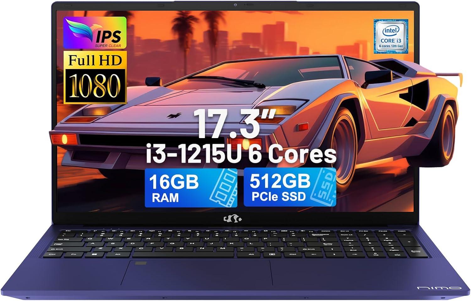 imageNIMO 173quot IPS FHDLaptop Intel 6 Cores i31215U 16GB RAM 512GB SSD Beat Ryzen 5 7520U Up to 44GHz Computer with 65W GaNType C Fingerprint Backlit Keyboard for Home Student and Business BlueBlue