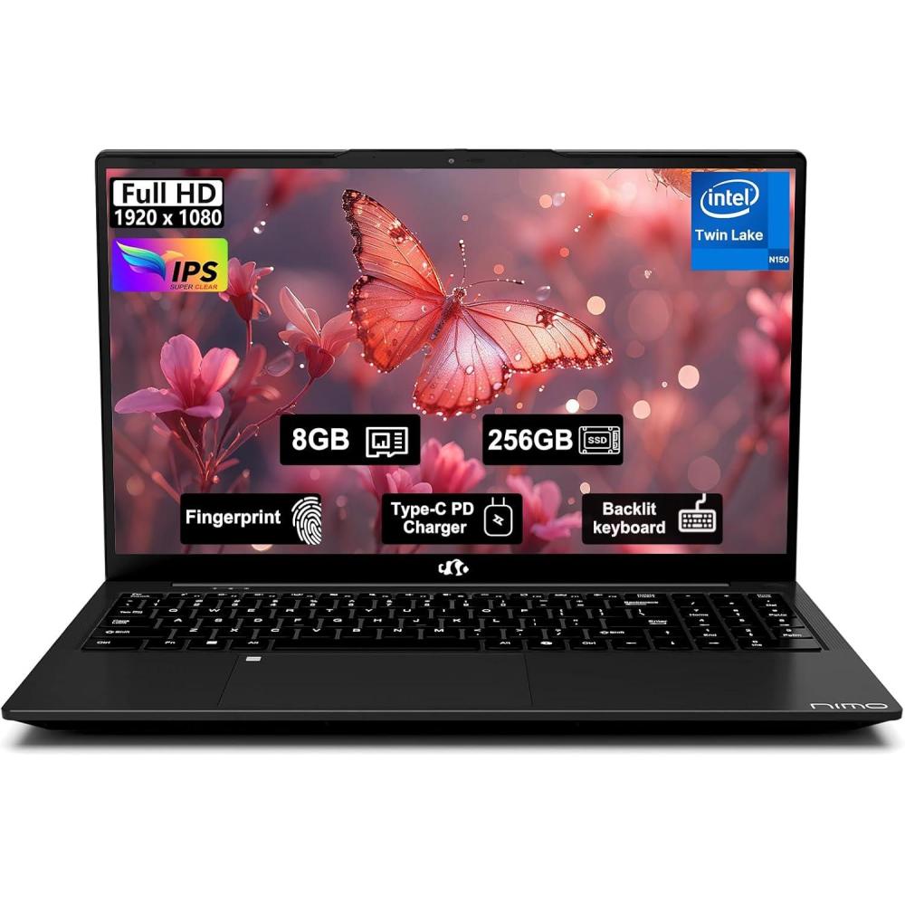 imageNIMO 156quot FHD IPS StudentLaptopComputer  16GB RAM 512GB SSD 4 Cores 13th Gen Intel N150Beat to i31115G4 Up to 36GHz 65W GaN TypeC Fingerprint Backlit Keyboard WiFi 6 BT52 NumpadBlack
