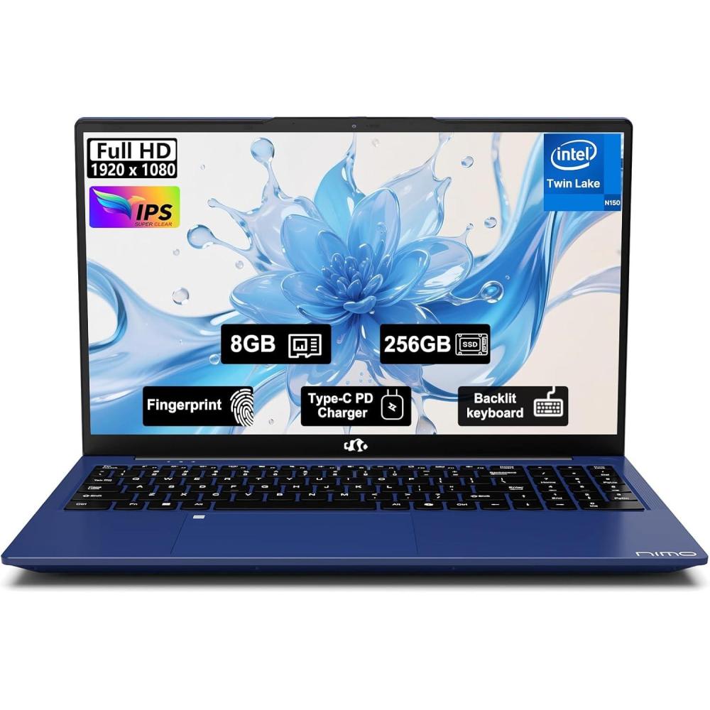 imageNIMO 156quot FHD IPS StudentLaptopComputer  16GB RAM 512GB SSD 4 Cores 13th Gen Intel N150Beat to i31115G4 Up to 36GHz 65W GaN TypeC Fingerprint Backlit Keyboard WiFi 6 BT52 NumpadBlue