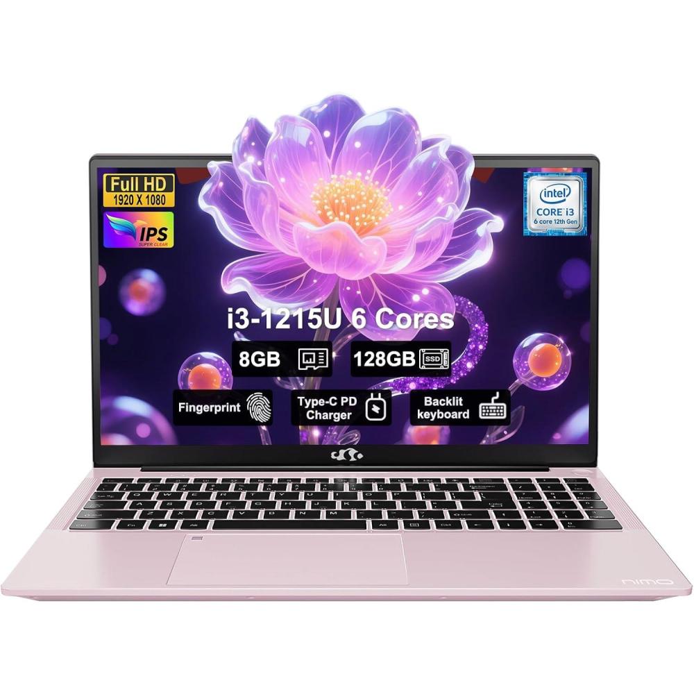 imageNIMO 156quot FHD IPS StudentLaptopComputer  Intel Core i31215UBeat i51135G7 6 Cores Up to 44GHz 8GB RAM 128GB SSD 65W TypeC 2 Years Warranty Fingerprint Backlit Keyboard WiFi 6 BT52Rose Gold