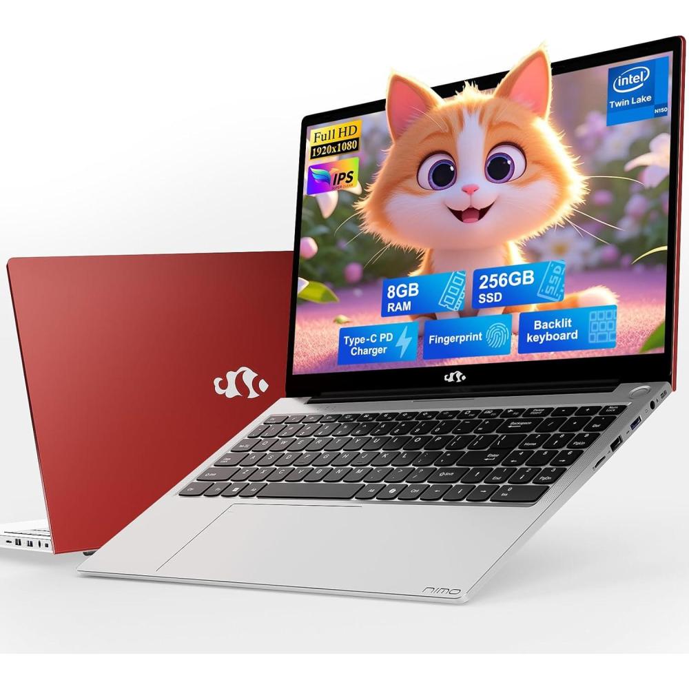 imageNIMO 156quot FHD Laptop Computer Intel Pentium N150 Beat i31115G4 4Core Up to 34GHz Laptop with Backlit Keyboard 65W GaN TypeC Fingerprint 8GB RAM 256GB SSD for HomeStudent and BusinessRed