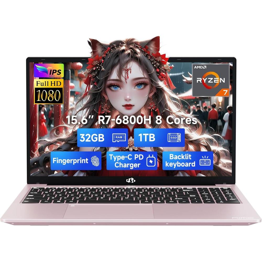 imageNIMO 156quot IPS FHDGamingLaptop 8 Cores AMD Ryzen 7 6800H 32GB DDR5 RAM 1TB SSD Beat i712700H Up to 47GHz AMD Radeon 680M GPUComputer with 100W TypeC Backlit Keyboard Fingerprint BlueRose Gold