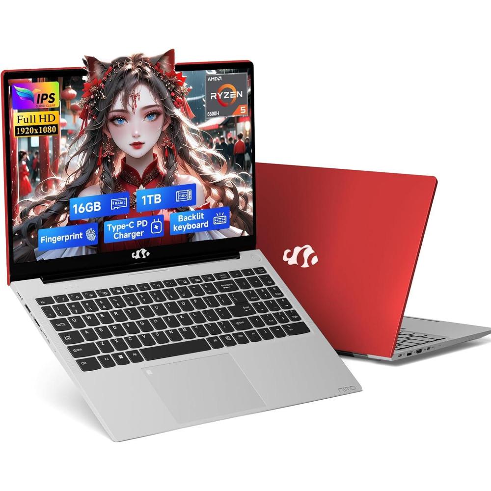 imageNIMO 156quot IPS FHDGamingLaptop AMD Ryzen 5 6600H 6Cores 660M GPU 32GB DDR5 RAM 1TB SSDBeat i71165G7 Up to 45GHz Computer with 100W GaN Type C Fingerprint Backlit Keyboard Win 11Red