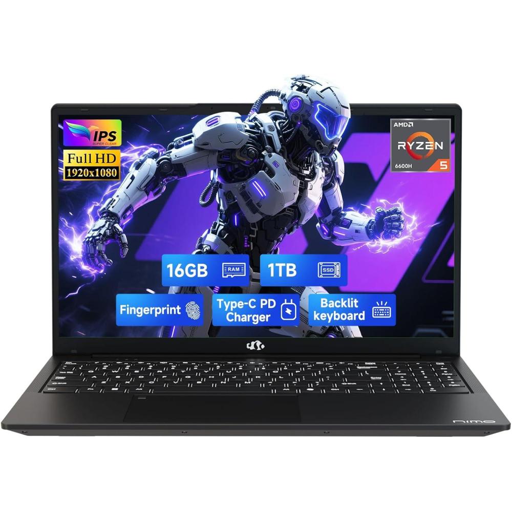 imageNIMO 156quot IPS FHDGamingLaptop AMD Ryzen 5 6600H 6Cores 660M GPU 32GB DDR5 RAM 1TB SSDBeat i71165G7 Up to 45GHz Computer with 100W GaN Type C Fingerprint Backlit Keyboard Win 11Black