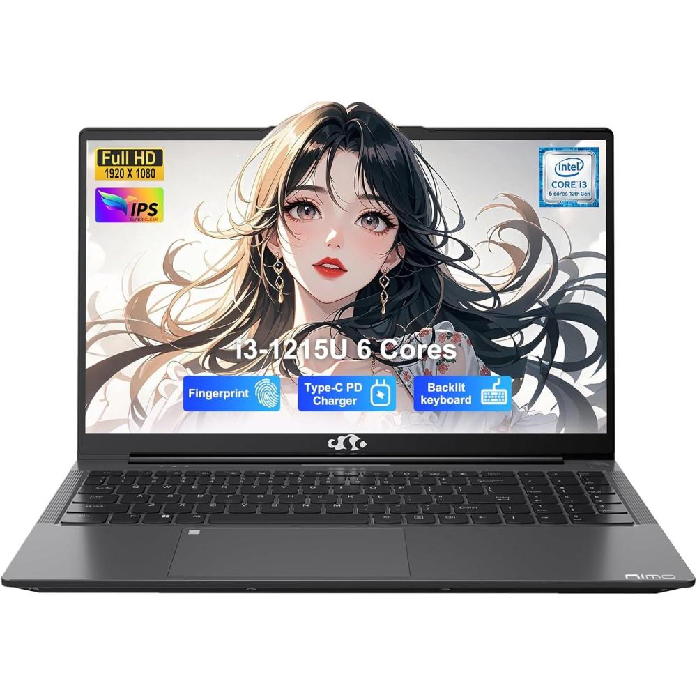 imageNIMO 156quot IPS FHDStudentLaptop Intel 6 Cores I31215U 8GB RAM 128GB SSD Beats i51135G7 Up to 44GHz Computer with 65W Type C Backlit Keyboard Fingerprint for Home and BusinessGray