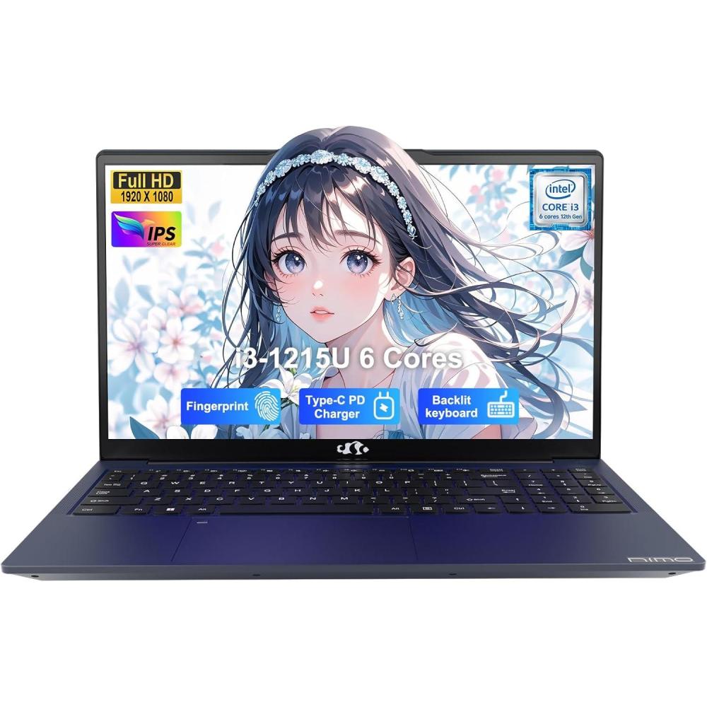 imageNIMO 156quot IPS FHDStudentLaptop Intel 6 Cores I31215U 8GB RAM 128GB SSD Beats i51135G7 Up to 44GHz Computer with 65W Type C Backlit Keyboard Fingerprint for Home and BusinessBlue