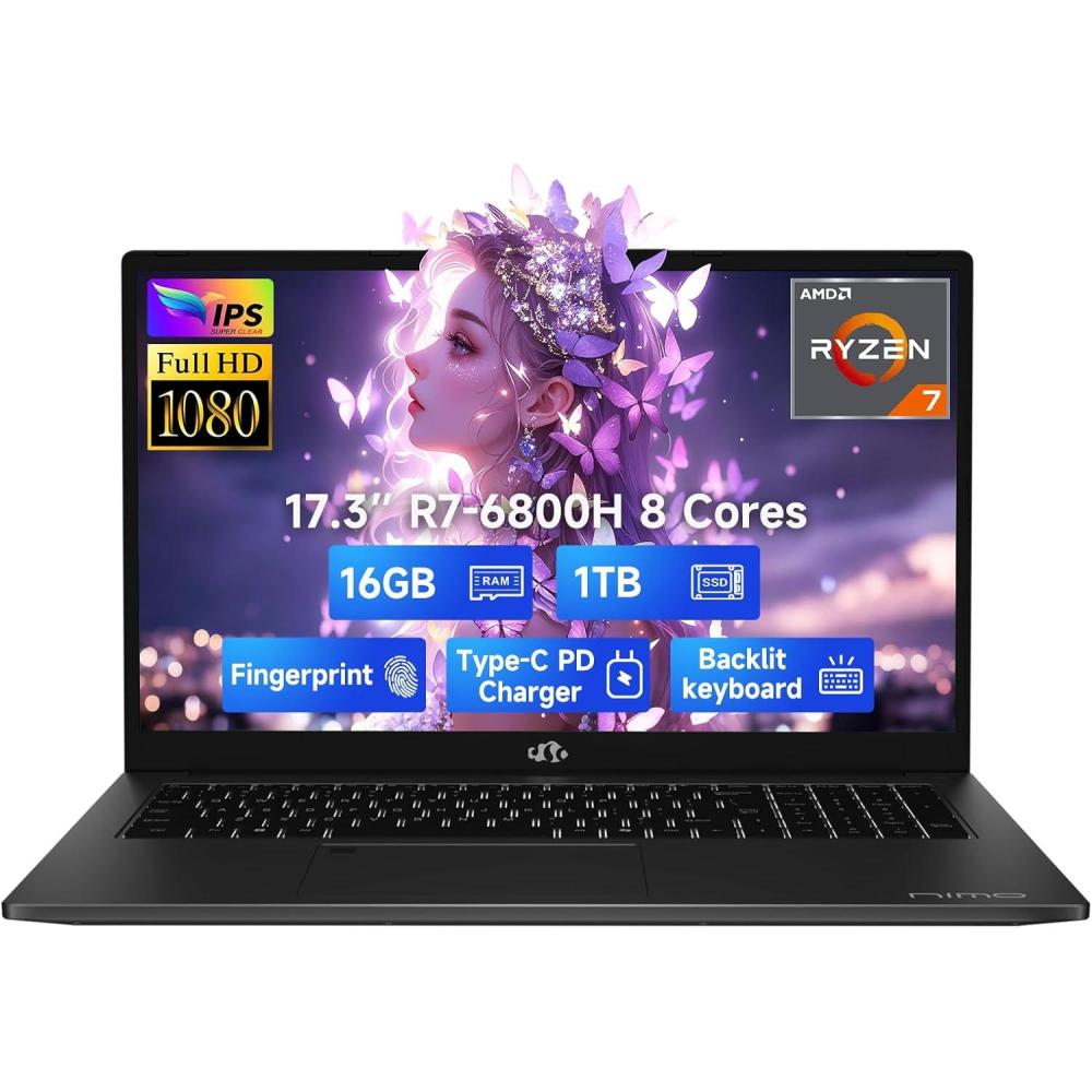 imageNIMO 173quot IPS FHDGamingLaptop 8 Cores AMD Ryzen 7 6800H 32GB DDR5 RAM 1TB SSD Beat i712700H Up to 47GHz AMD Radeon 680M GPUComputer with 100W TypeC Backlit Keyboard FingerprintBlack