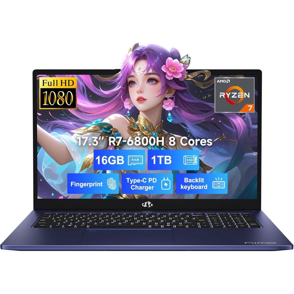 imageNIMO 173quot IPS FHDGamingLaptop 8 Cores AMD Ryzen 7 6800H 32GB DDR5 RAM 1TB SSD Beat i712700H Up to 47GHz AMD Radeon 680M GPUComputer with 100W TypeC Backlit Keyboard FingerprintBlue