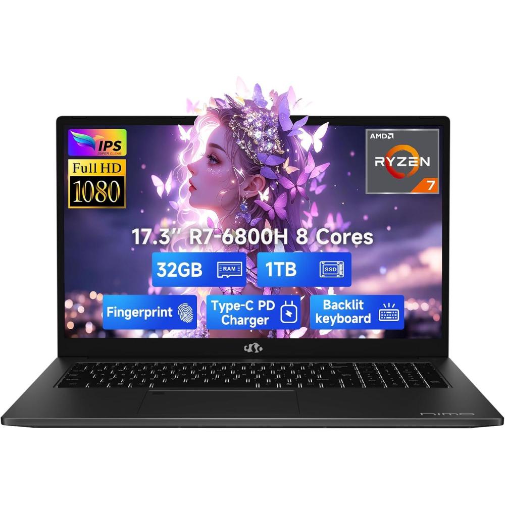 imageNIMO 173quot IPS FHDGamingLaptop 8 Cores AMD Ryzen 7 6800H 32GB DDR5 RAM 1TB SSD Beat i712700H Up to 47GHz AMD Radeon 680M GPUComputer with 100W TypeC Backlit Keyboard FingerprintBlack