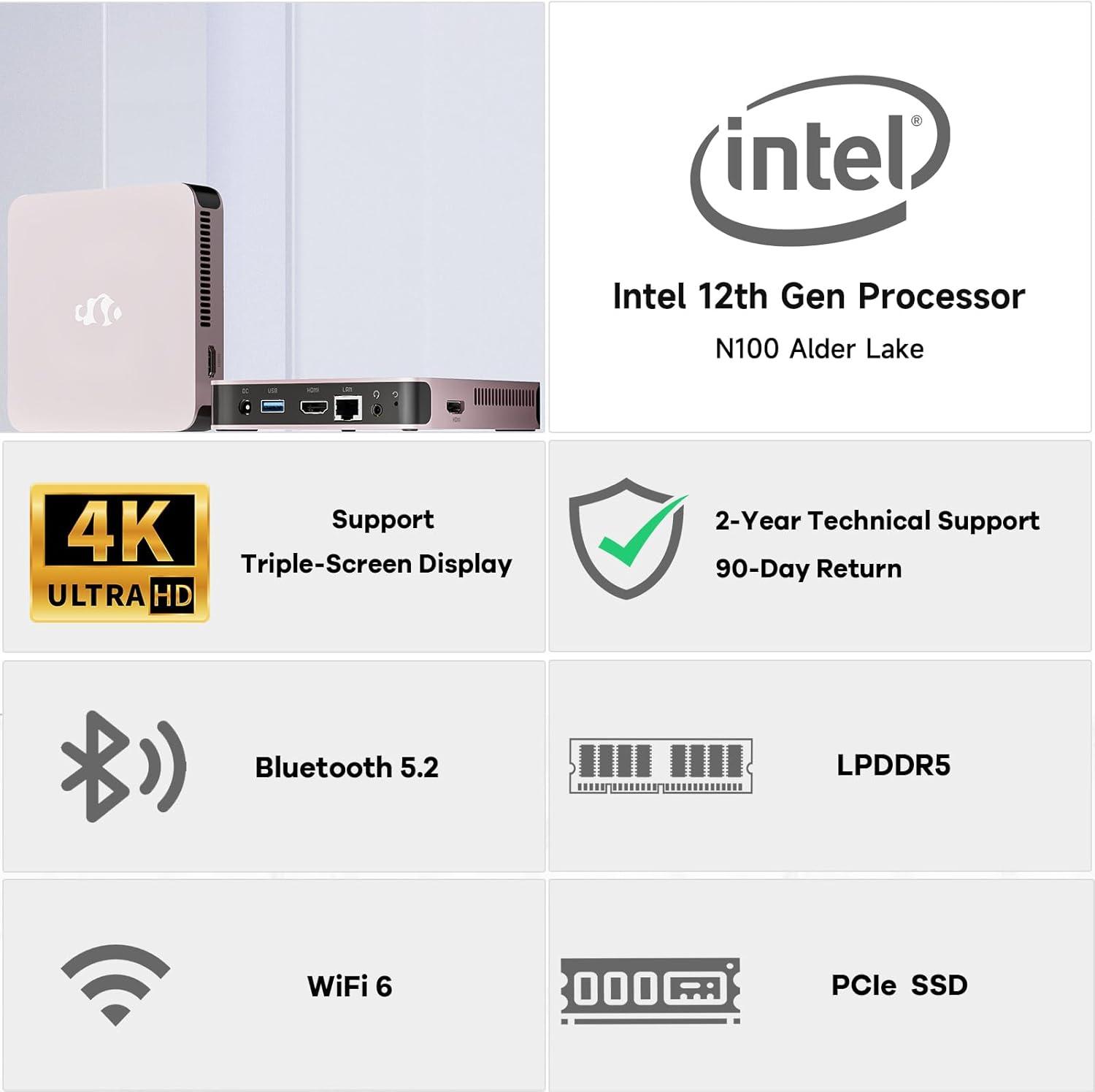 imageMini PC Desktop Desktop PC Pentium 12th Gen N100 Up to 34GHz 16GB RAM 512GB PCIe SSD 4K Triple Display USB32 TypeC WiFi6 BT52 VESA Compact and Light for Home Office EducationRose Golden
