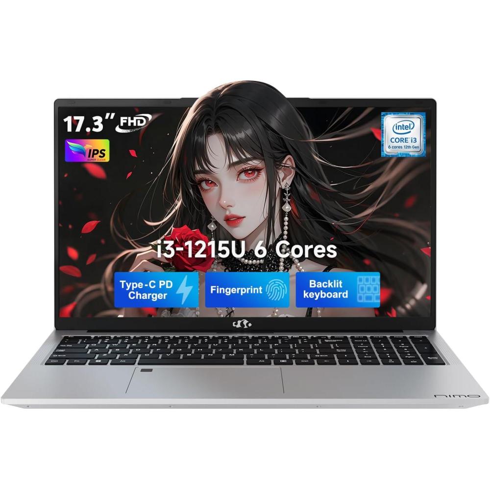 imageNIMO 173quot IPS FHDStudentLaptop Intel 6 Cores i31215U 16GB RAM 1TB SSD Beat 5 7520U Up to 44GHz Computer with 65WType C Fingerprint Backlit Keyboard WiFi 6 BT52 for Home and BusinessSilver