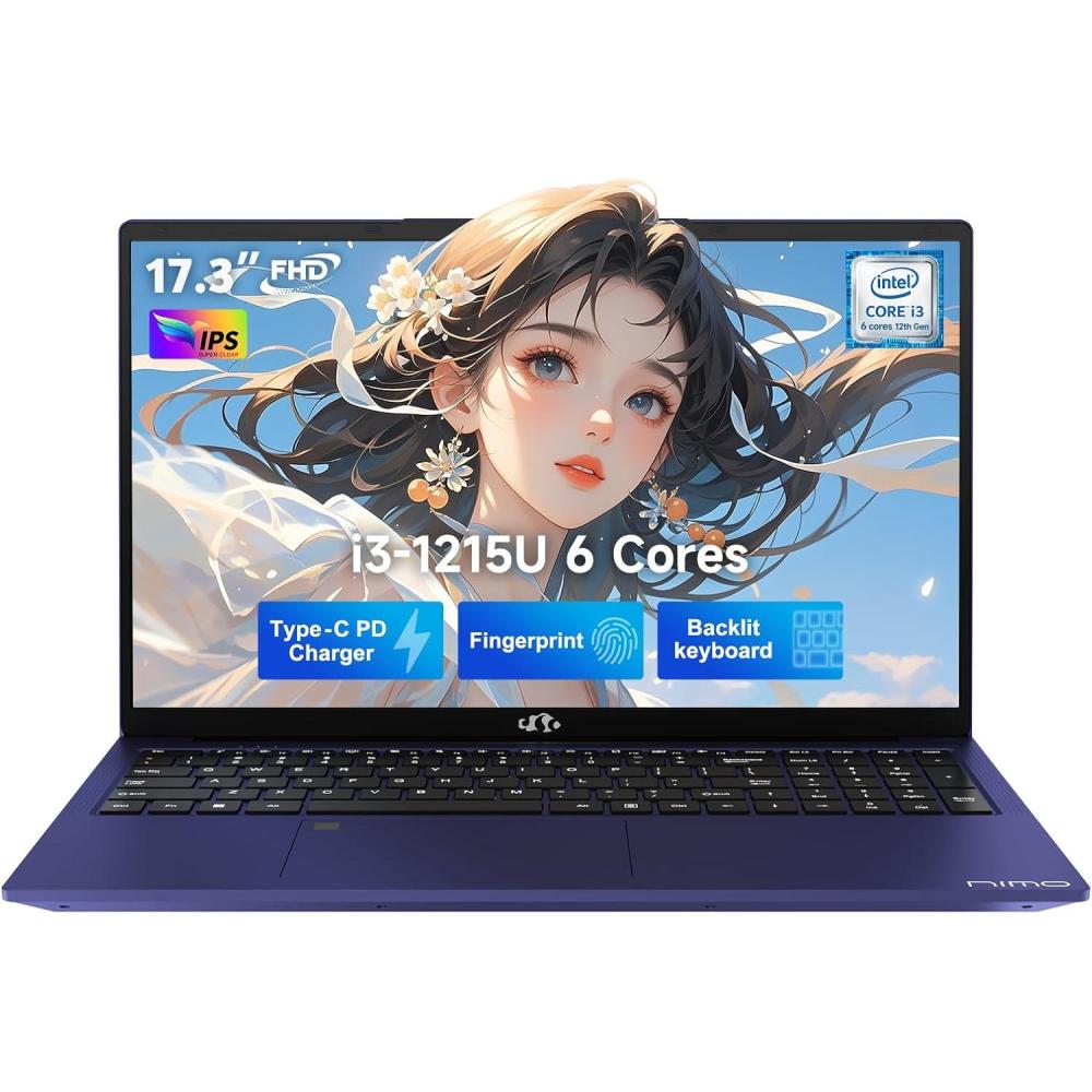 imageNIMO 173quot IPS FHDStudentLaptop Intel 6 Cores i31215U 16GB RAM 1TB SSD Beat 5 7520U Up to 44GHz Computer with 65WType C Fingerprint Backlit Keyboard WiFi 6 BT52 for Home and BusinessBlue