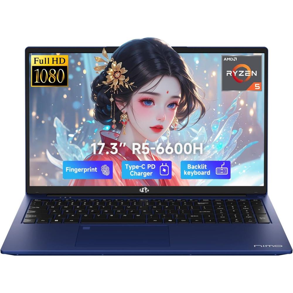 imageNIMO 173quot IPS FHDGamingLaptop AMD Ryzen 5 6600H 6 Cores 32GB DDR5 RAM 1TB SSD Beat i71165G7 Up to 45GHz Radeon 660M GPUComputer with 100W TypeC Backlit Keyboard Fingerprint Win 11Blue