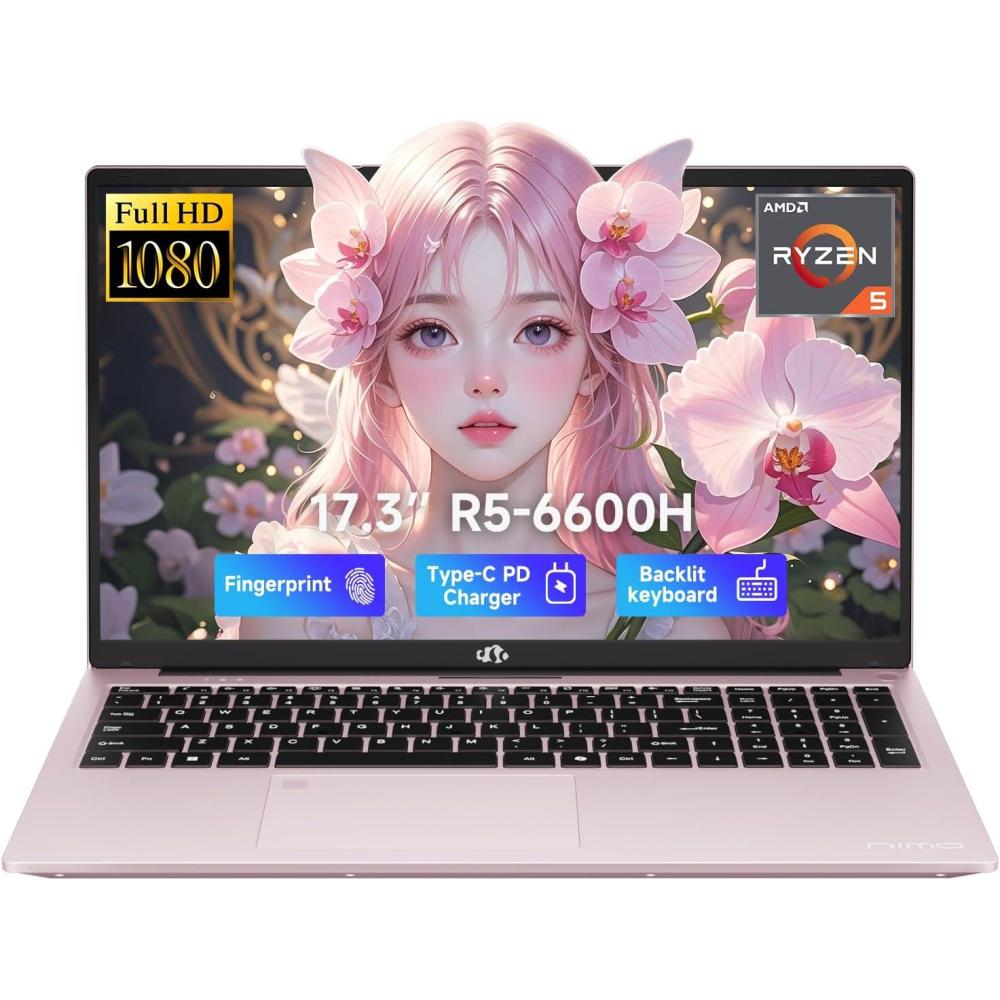 imageNIMO 173quot IPS FHDGamingLaptop AMD Ryzen 5 6600H 6 Cores 32GB DDR5 RAM 1TB SSD Beat i71165G7 Up to 45GHz Radeon 660M GPUComputer with 100W TypeC Backlit Keyboard Fingerprint Win 11Rose Gold