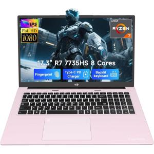 imageNIMO 173quot GamingLaptop AMD R7 7735HS 8C16T Beats i712650H 16GB DDR5 RAM 512GB SSD Computer with Radeon 680M 100W TypeC WiFi 6E 75Wh Battery Fingerprint Backlit Keyboard for BusinessRose Gold