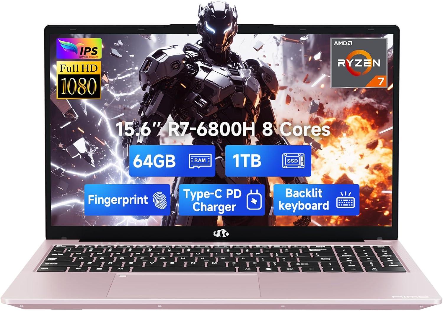 imageNIMO 156quot IPS FHDGamingLaptop 8 Cores AMD Ryzen 7 6800H 32GB DDR5 RAM 1TB SSD Beat i712700H Up to 47GHz AMD Radeon 680M GPUComputer with 100W TypeC Backlit Keyboard FingerprintRose Gold
