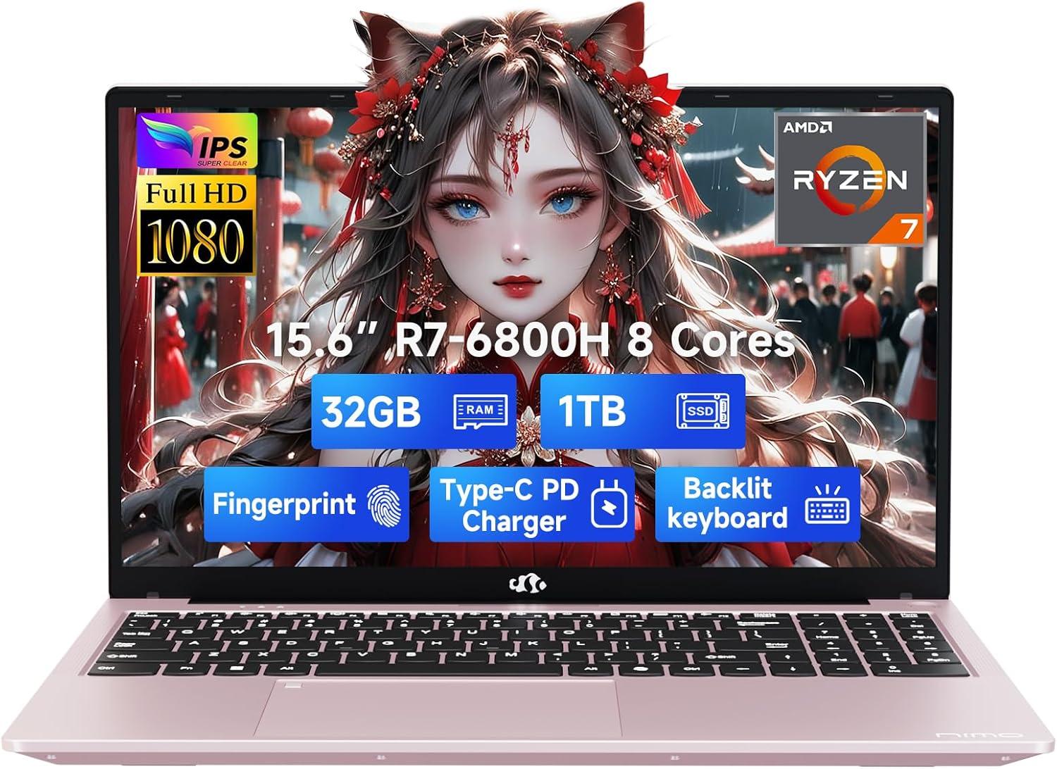 imageNIMO 156quot IPS FHDGamingLaptop 8 Cores AMD Ryzen 7 6800H 32GB DDR5 RAM 1TB SSD Beat i712700H Up to 47GHz AMD Radeon 680M GPUComputer with 100W TypeC Backlit Keyboard FingerprintRose Gold