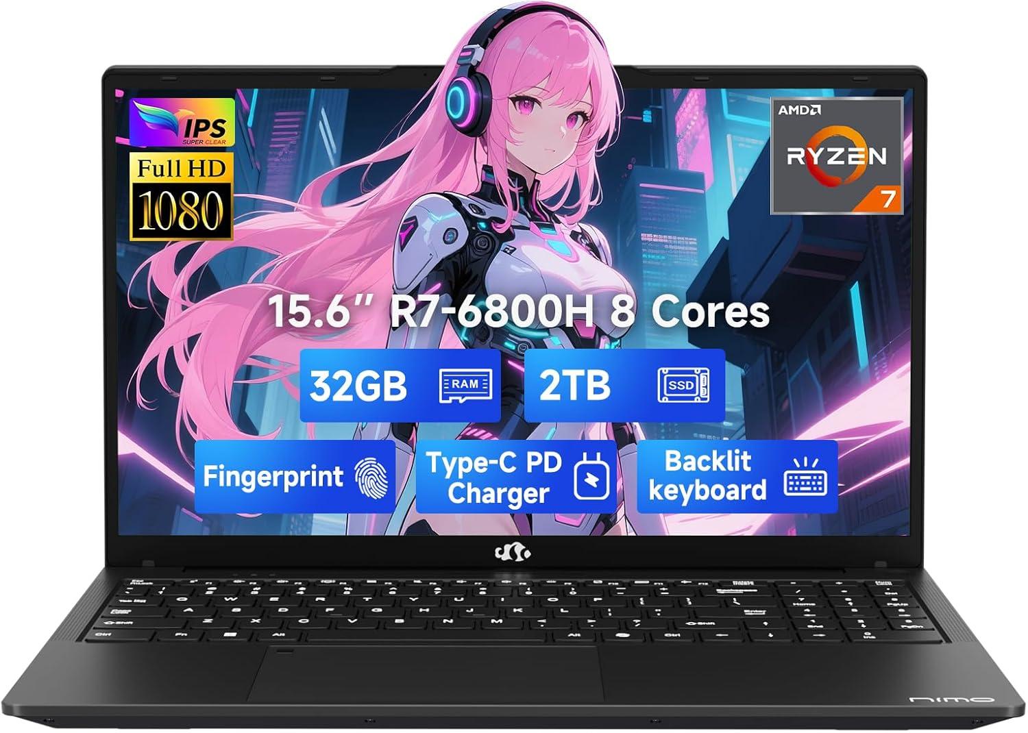 imageNIMO 156quot IPS FHDGamingLaptop 8 Cores AMD Ryzen 7 6800H 32GB DDR5 RAM 1TB SSD Beat i712700H Up to 47GHz AMD Radeon 680M GPUComputer with 100W TypeC Backlit Keyboard FingerprintBlack