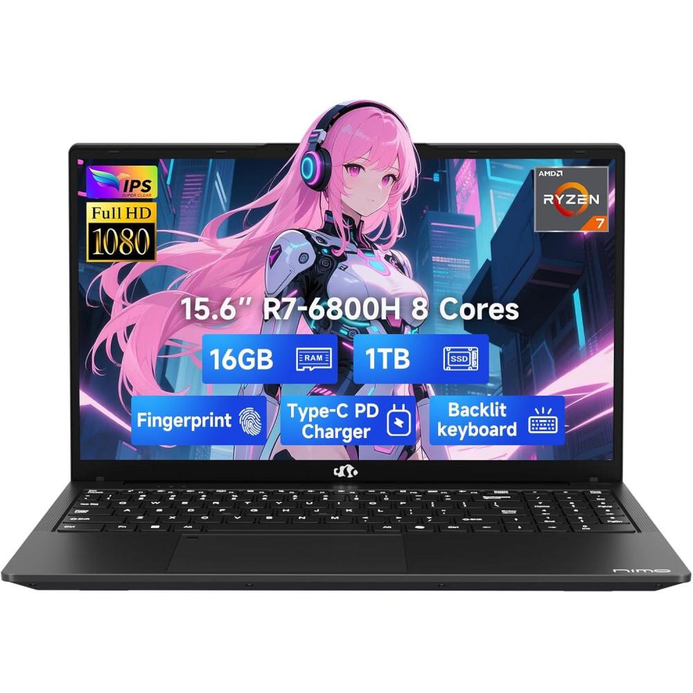 imageNIMO 156quot IPS FHDGamingLaptop 8 Cores AMD Ryzen 7 6800H 32GB DDR5 RAM 1TB SSD Beat i712700H Up to 47GHz AMD Radeon 680M GPUComputer with 100W TypeC Backlit Keyboard FingerprintBlack