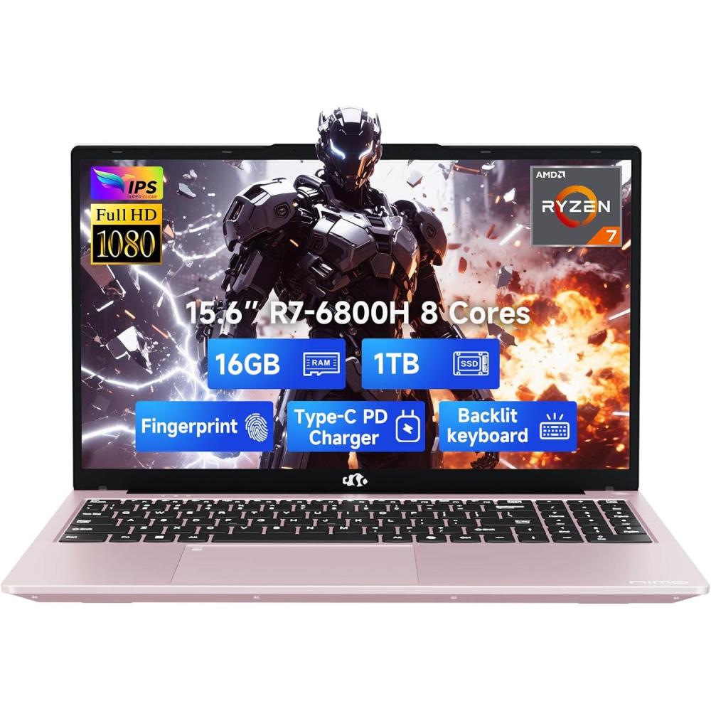 imageNIMO 156quot IPS FHDGamingLaptop 8 Cores AMD Ryzen 7 6800H 32GB DDR5 RAM 1TB SSD Beat i712700H Up to 47GHz AMD Radeon 680M GPUComputer with 100W TypeC Backlit Keyboard FingerprintRose Gold