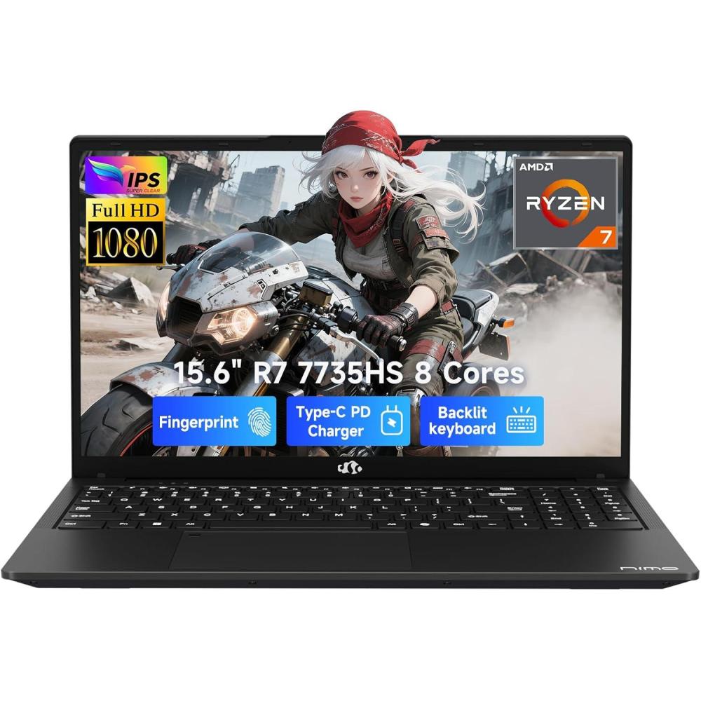 imageNIMO 156quot IPS FHDGamingLaptop AMD 8 Cores Ryzen 7 7735HS 16GB DDR5 RAM 1TB SSD Beats i712650H Computer with Radeon 680M 100W TypeC Backlit Keyboard Fingerprint for Gaming BusinessBlack